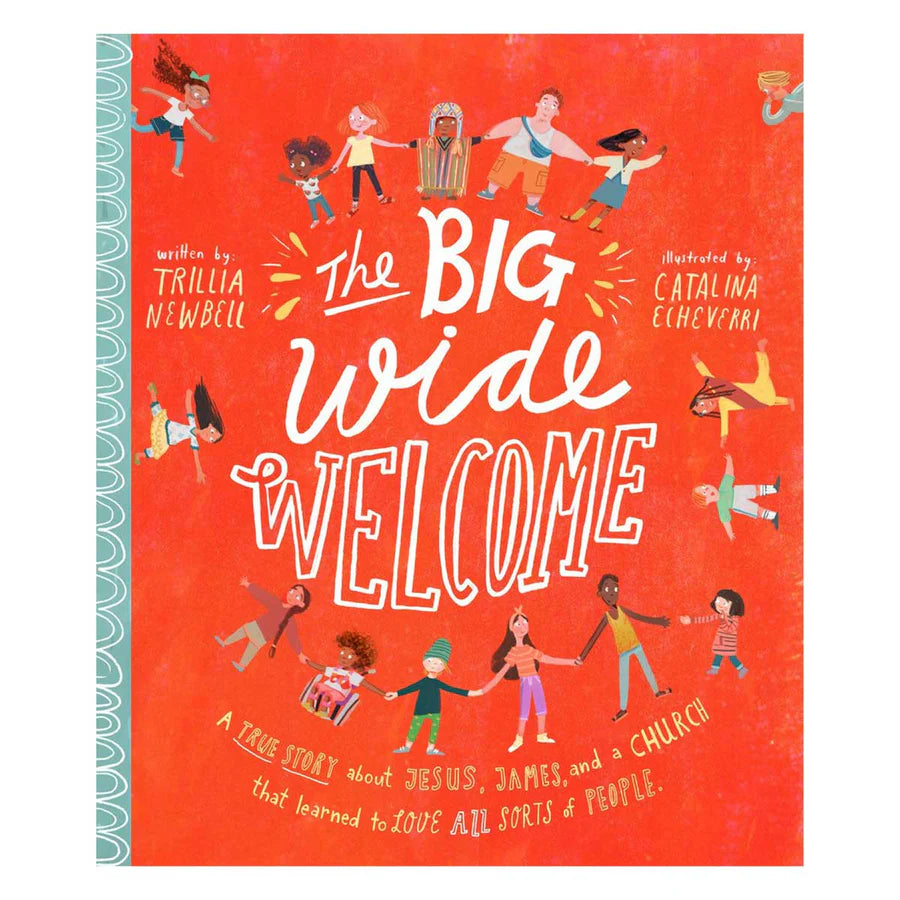Book cover of 'The Big Wide Welcome' with illustrations of diverse people on a red background. Trillia Newbell, Catalina Echeverri, Diverse Children's books