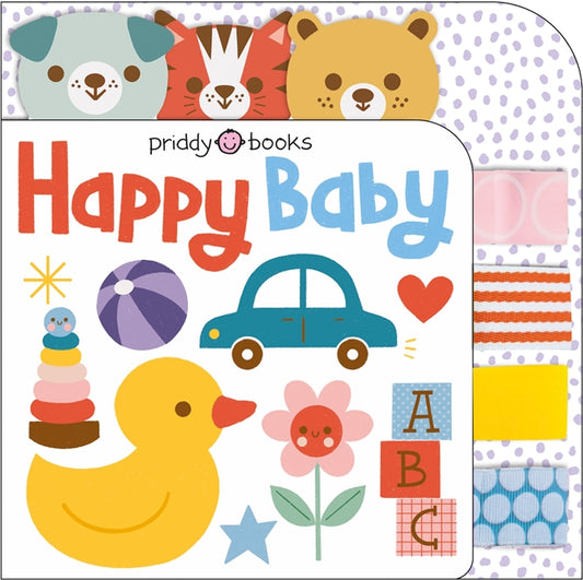 Happy Baby by Roger Priddy, a shaped baby board book featuring textured ribbons and animal-shaped tabs for sensory exploration.