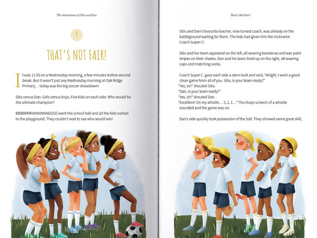 Illustrated book pages showing children in sports uniforms on a grassy field.
