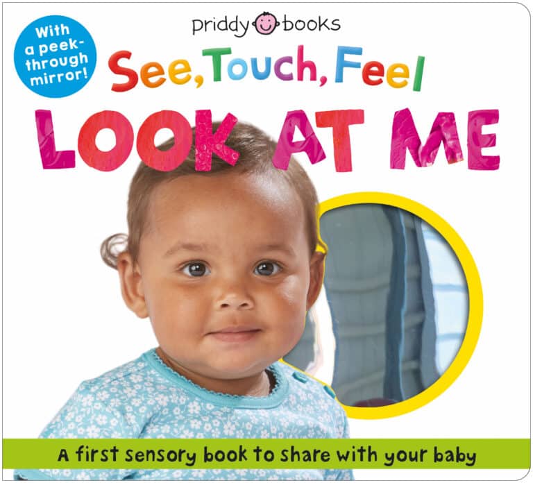 Interactive baby sensory board book with a fold-out mirror, encouraging babies to explore their reflections and imitate facial expressions.