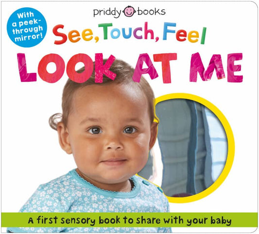 Interactive baby sensory board book with a fold-out mirror, encouraging babies to explore their reflections and imitate facial expressions.