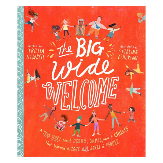Book cover of 'The Big Wide Welcome' with illustrations of diverse people on a red background. Trillia Newbell, Catalina Echeverri, Diverse Children's books