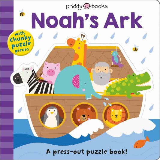 Children's book titled 'Noah's Ark' with colorful illustrations of animals on a boat. Baby Books. Toddler Books. Children's Books. Age 0-3. Age 3-5. Roger Priddy. Priddy Books.