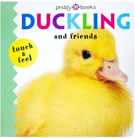 Book cover of 'Duckling and Friends' with a yellow duckling on a green and white background. Priddy Books. Roger Priddy. Children's books age 0-3.Children's books. Toddlers Books. Baby Books. Board Books. Touch and Feel books.