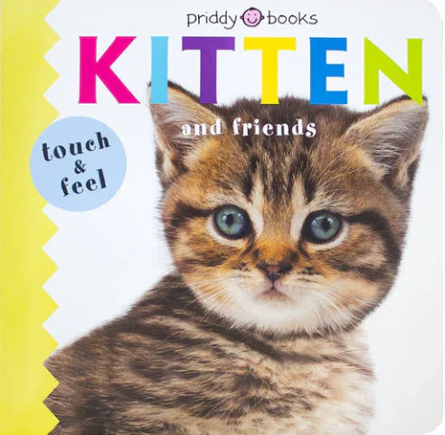 Book cover of 'Kitten and Friends' with a kitten's face and colorful text on a white background. Priddy Books. Children's books age 0-3. Children's books. Baby books. Toddler books. Roger Priddy. Board books
